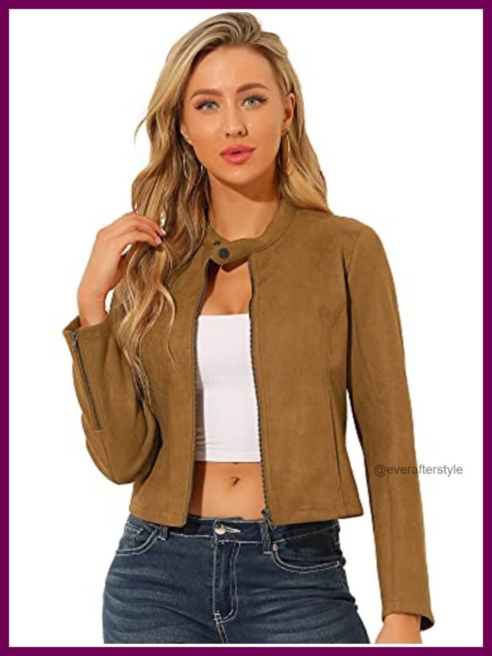 Faux Suede Crop Moto Biker Jacket Zip Up Long Sleeve Fitted Outerwear